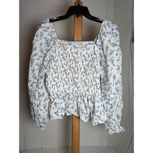Dizzy Lizzy Floral Smocked Puff Sleeve Peplum Top White Blue Plus Size 2X